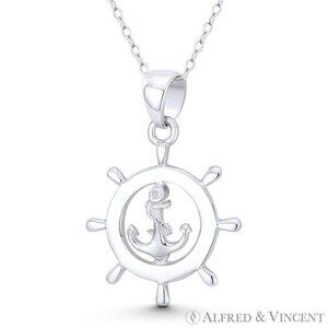 Ship's Anchor & Helm Luck Charm Pendant in Oxidized .925 Sterling Silver